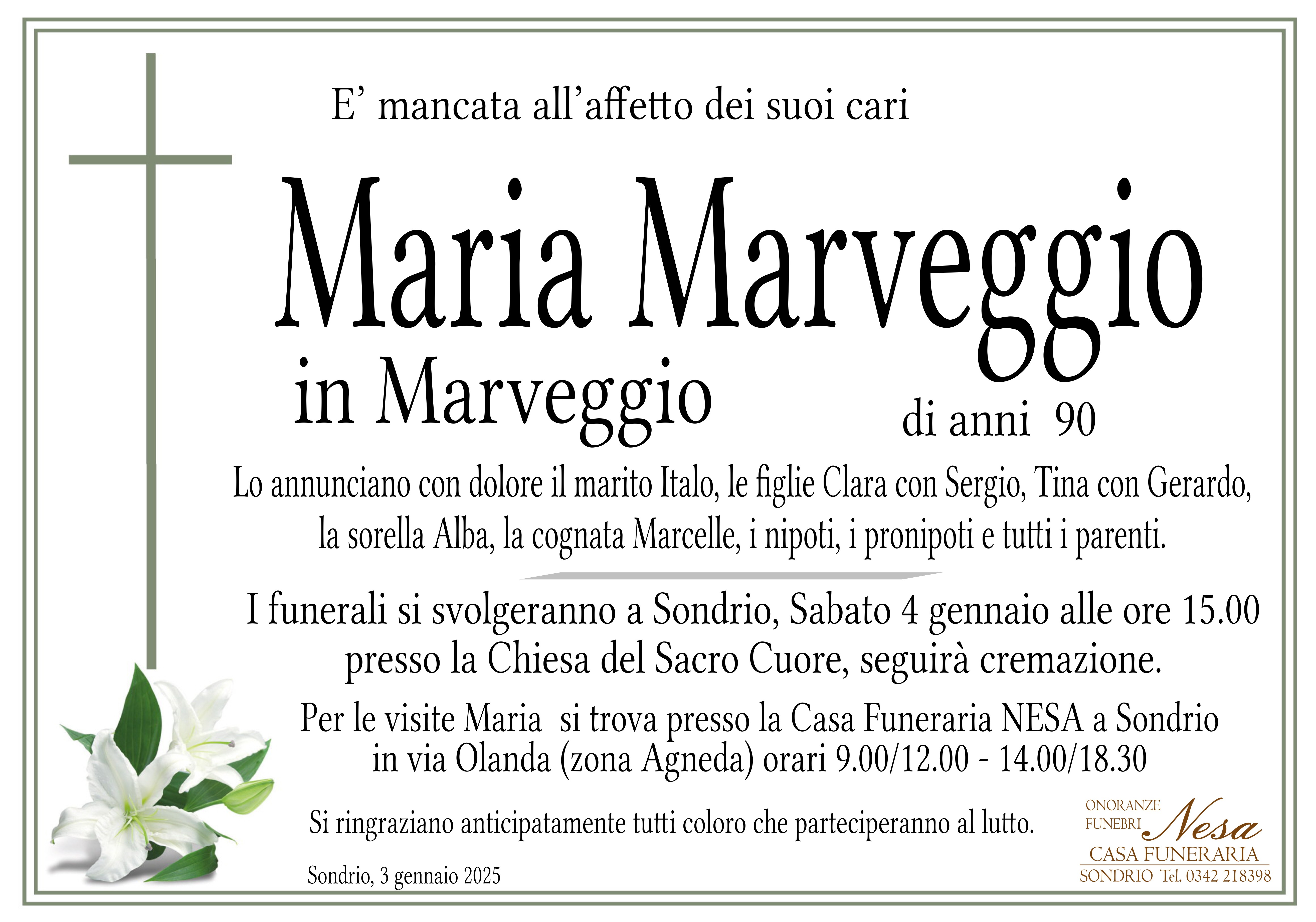 Necrologio MARIA MARVEGGIO